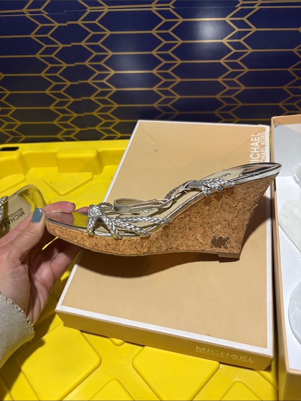 MICHAEL Michael Kors Silver Braided Strap Cork Wedge Sandals